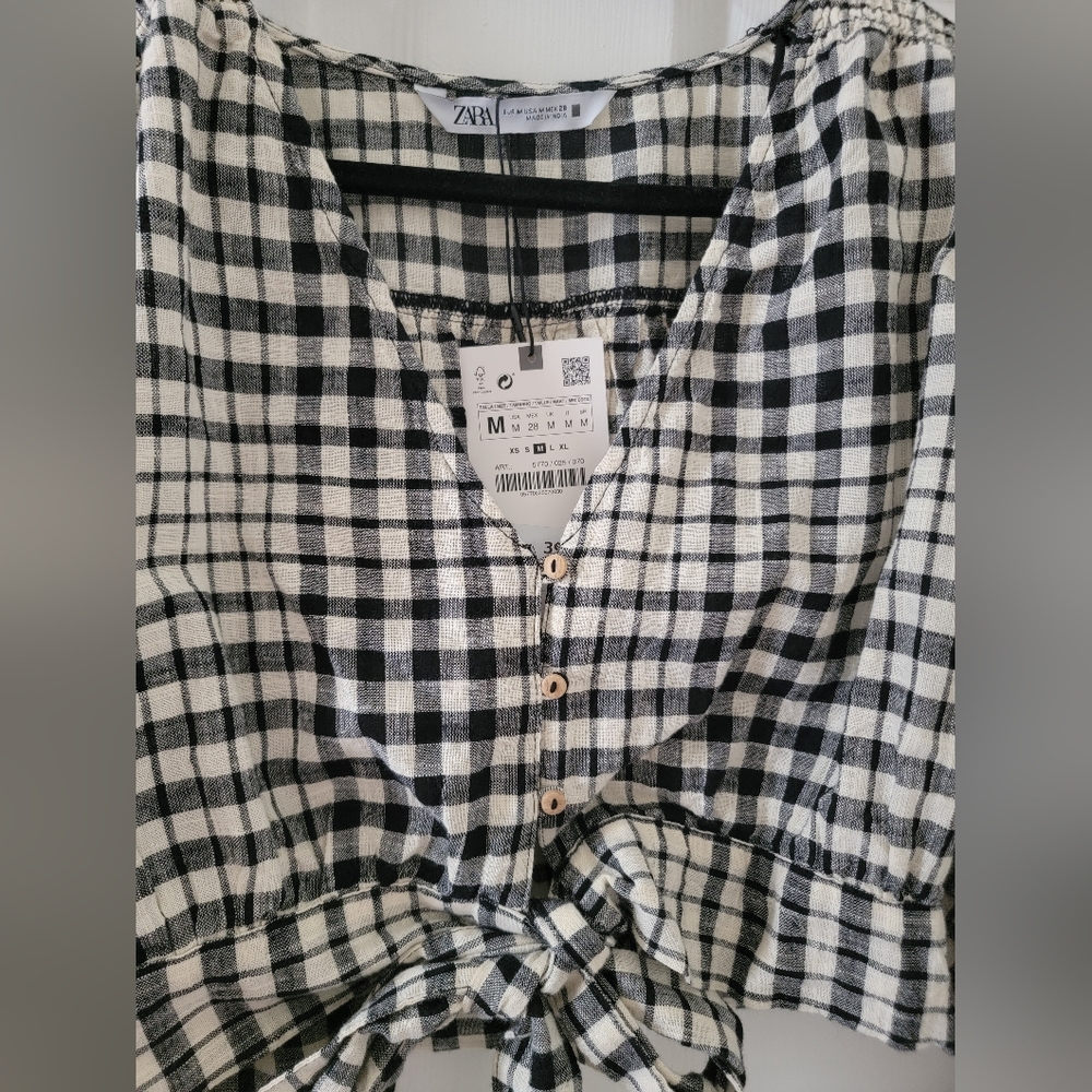 Zara Gingham Black and White Tie-Front NWT - Picture 4 of 8